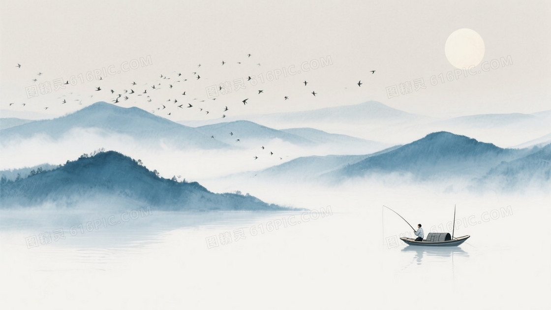 青蓝水墨极简山水背景