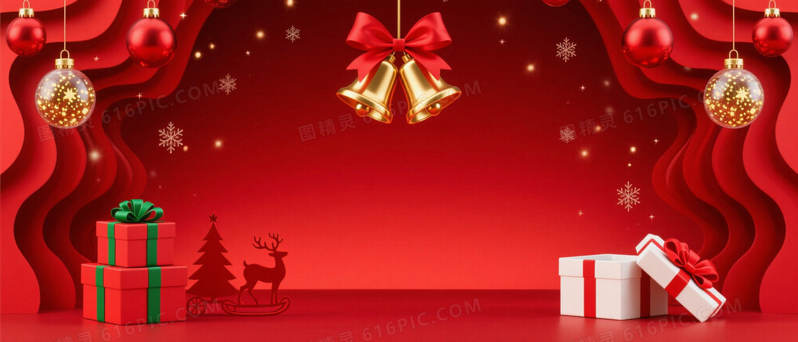 深红渐变节日礼盒铃铛背景