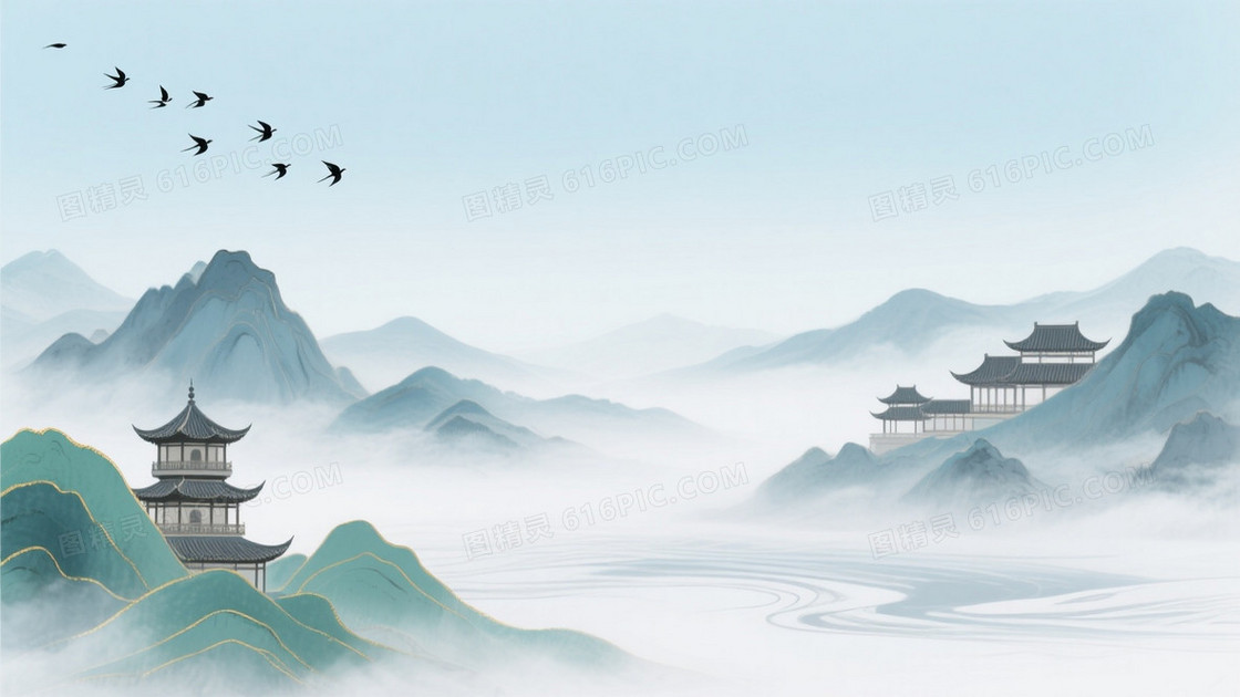 青蓝灰白新中式水墨山水背景