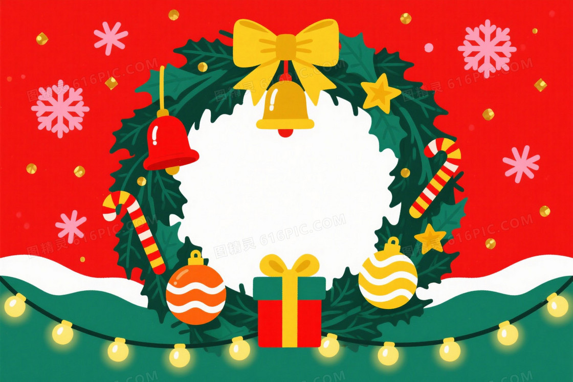 红底浅粉雪花金星花环背景