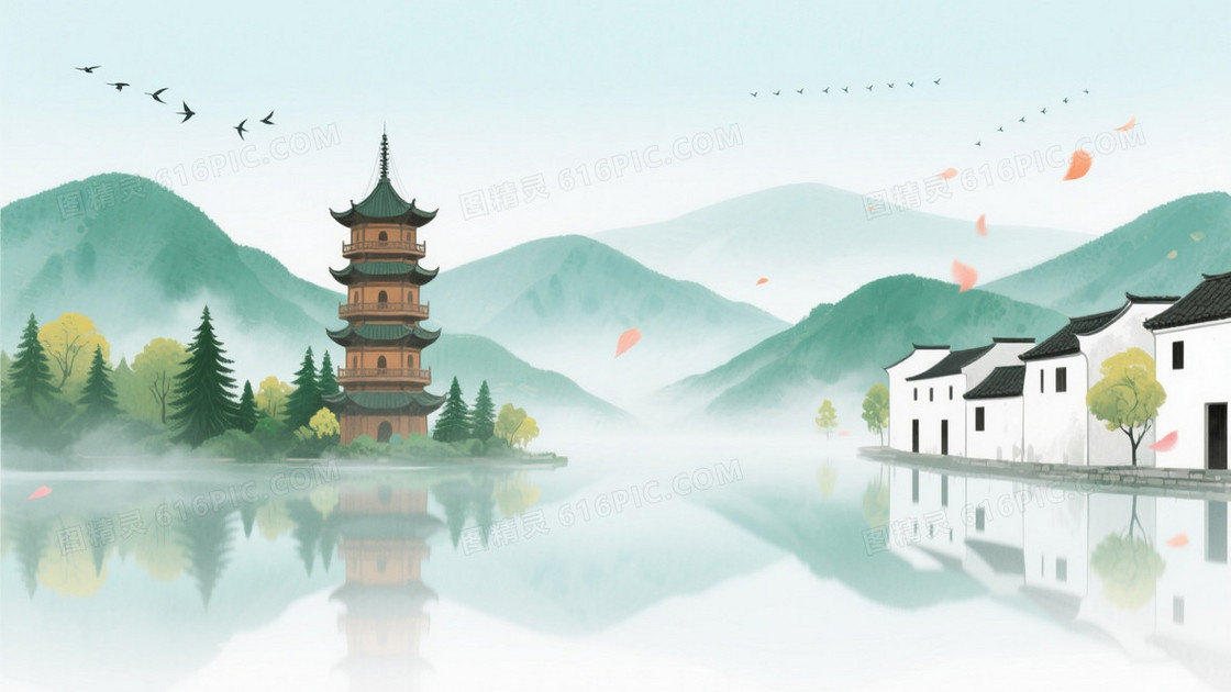 青绿水墨江南山水背景