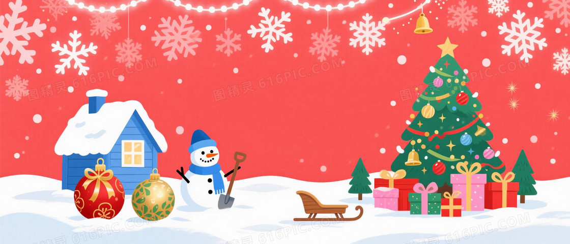 红白雪花蓝屋雪人圣诞树背景