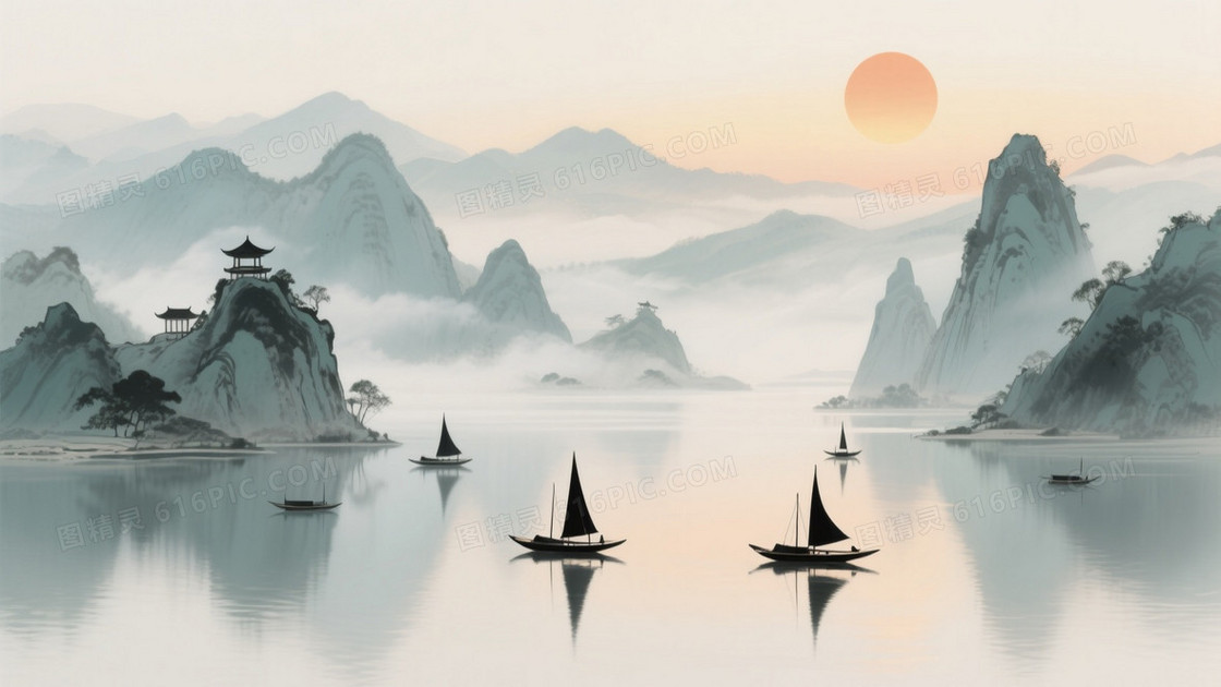 淡青灰浅赭水墨山水背景