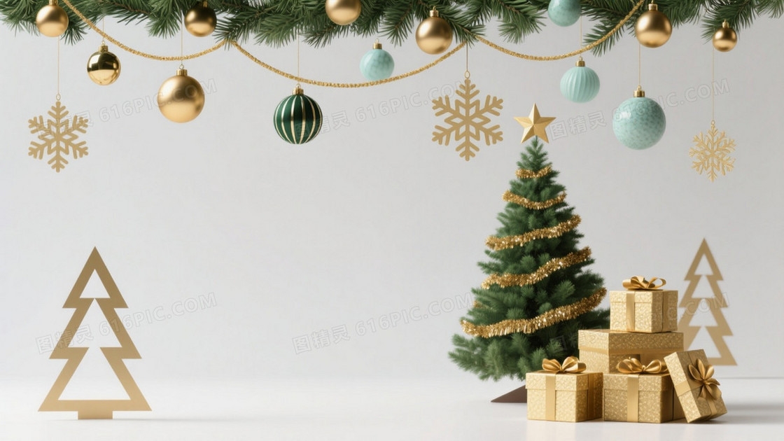 浅灰渐变松枝花环圣诞背景