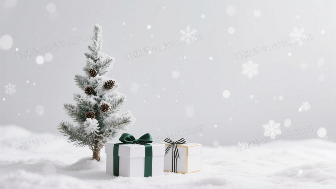 纯白渐变雪覆松树背景