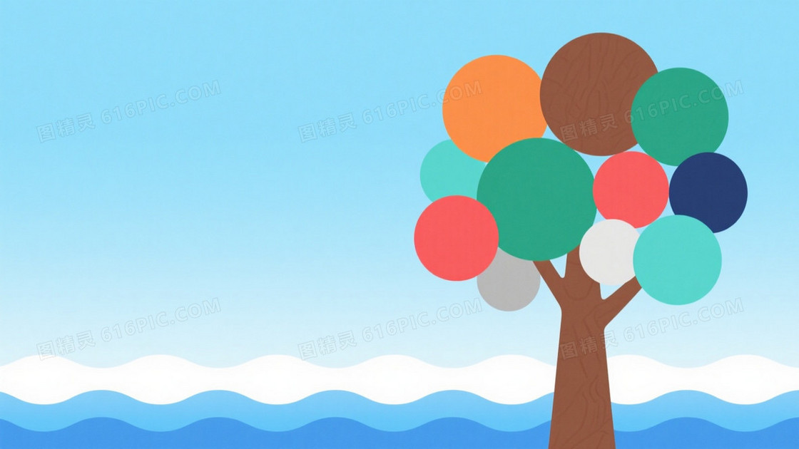 浅蓝白渐变波浪水面抽象树背景