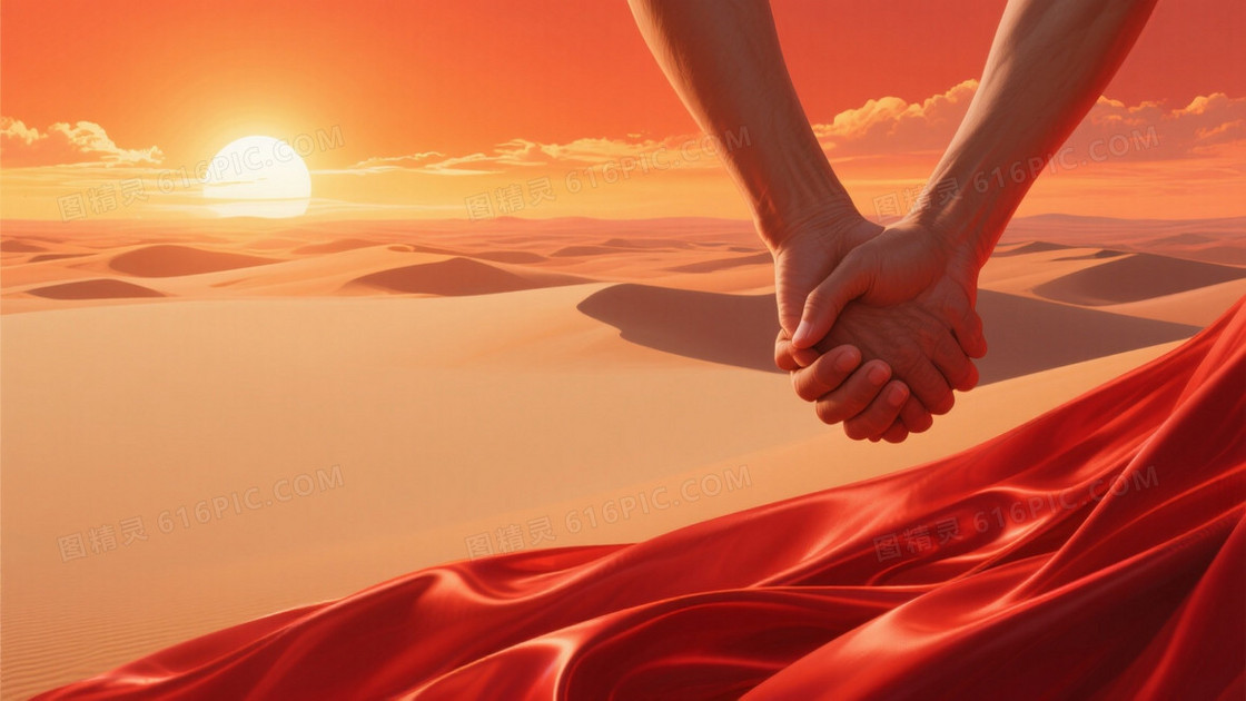 暖橙金红渐变沙漠手握绸缎背景
