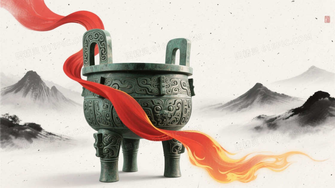 浅灰水墨青铜鼎红绸背景