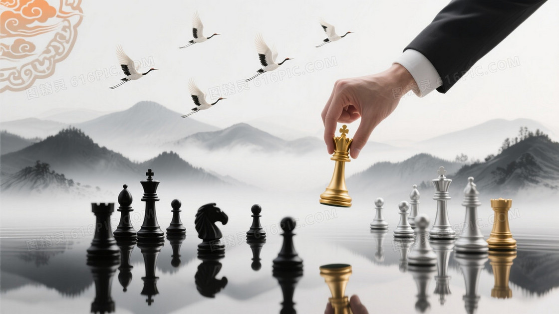 灰白水墨山水祥云飞鹤背景