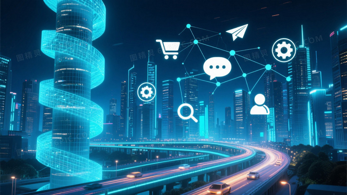 深蓝青色赛博都市天际线背景