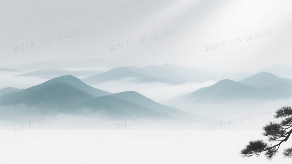 灰白渐变水墨山水背景