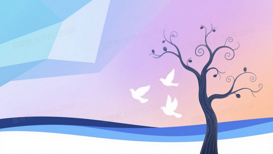 淡蓝浅青粉紫橙光晕枯树白鸽背景