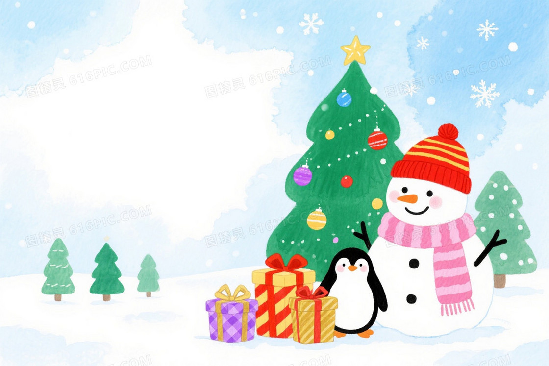 淡蓝水彩手绘雪人企鹅背景