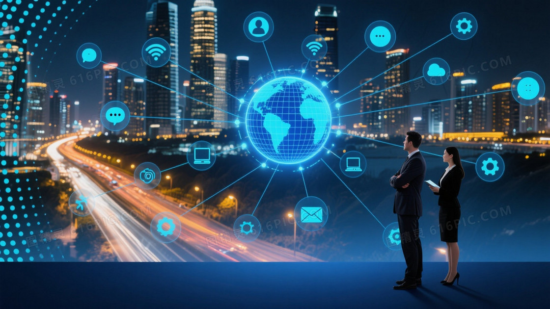 深蓝青蓝夜景都市科技网络背景