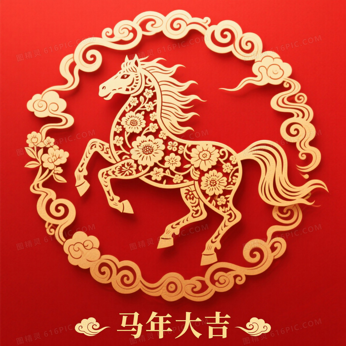 红底金剪纸骏马祥云背景