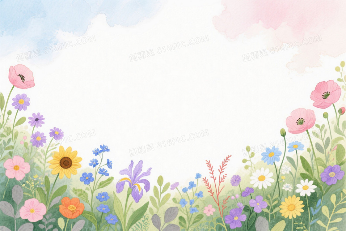 粉紫蓝黄水彩春日花丛背景