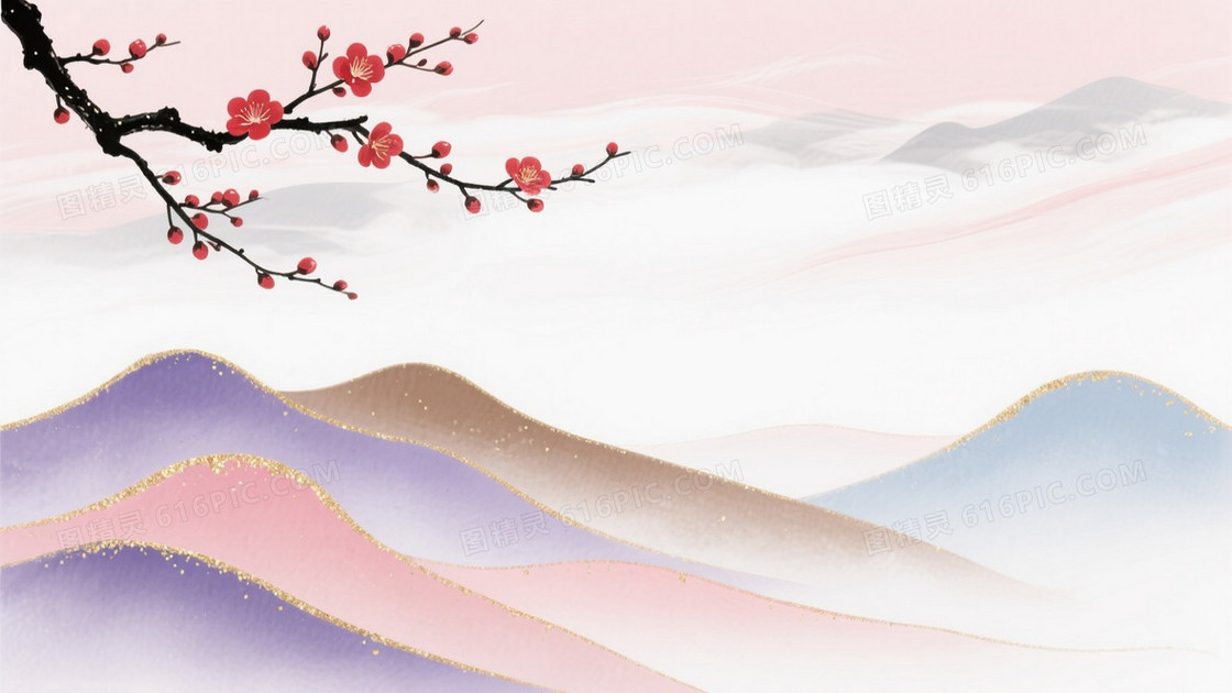 新中式水墨梅枝山峦背景