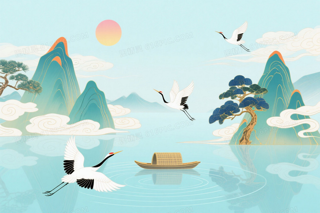 淡青蓝新中式山水插画背景