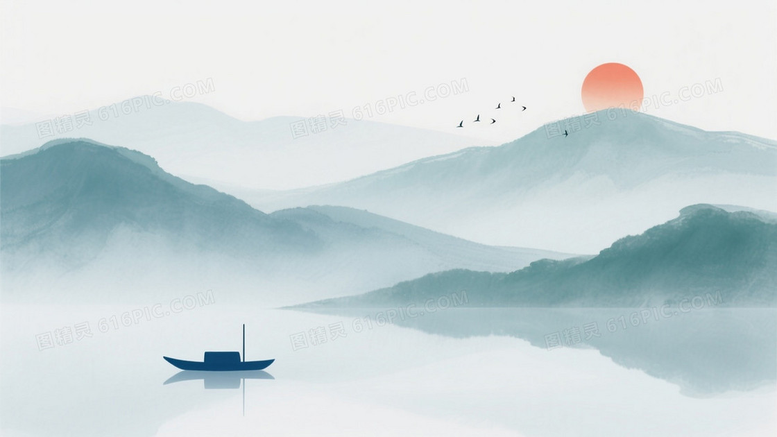 青灰水墨远山扁舟背景