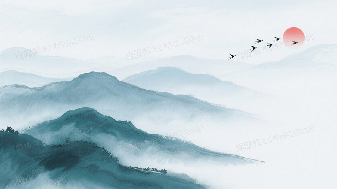 青蓝灰白水墨山水背景