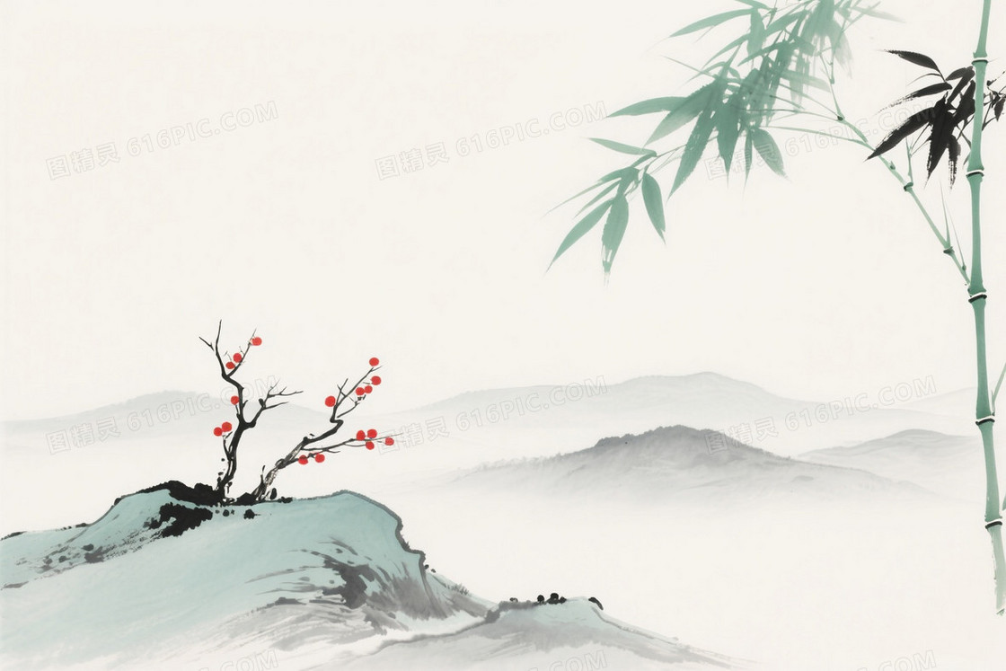 青灰水墨留白山水背景