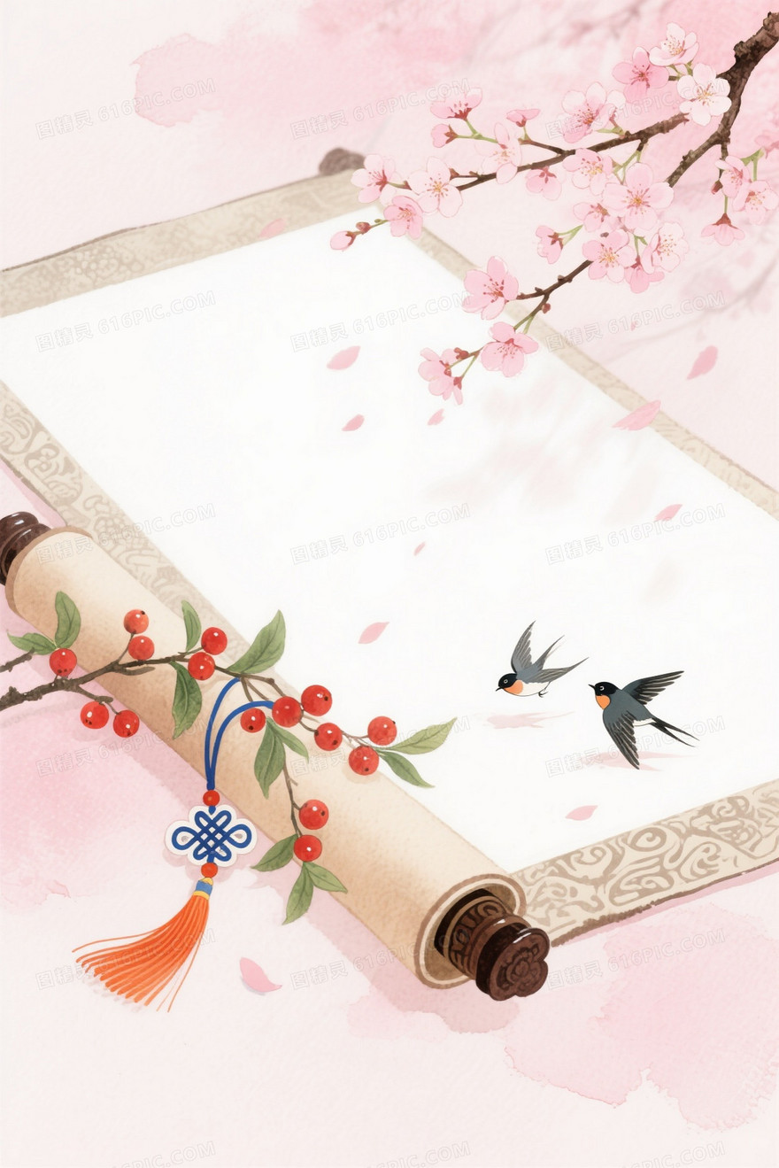 柔粉水彩东方春日樱花背景