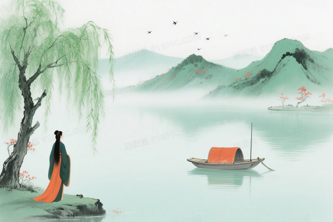 青绿水墨山水垂柳女子背景
