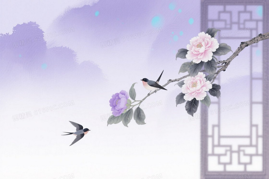淡紫水墨晕染花鸟背景