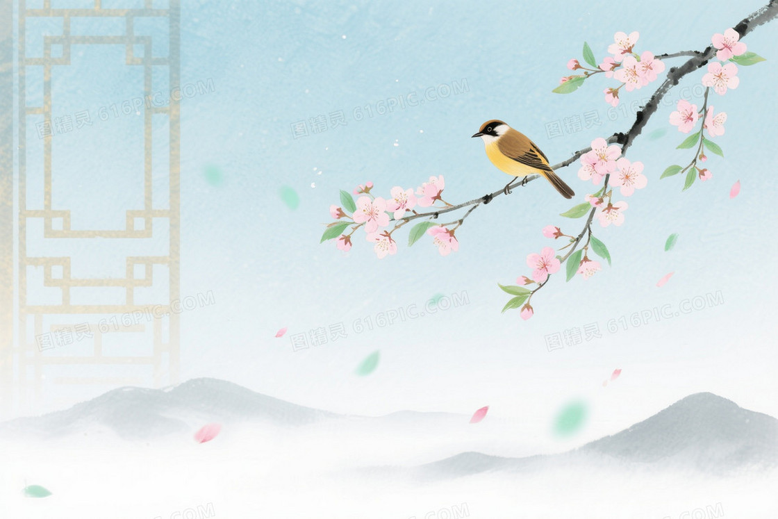 青蓝浅灰水墨樱花鸟背景