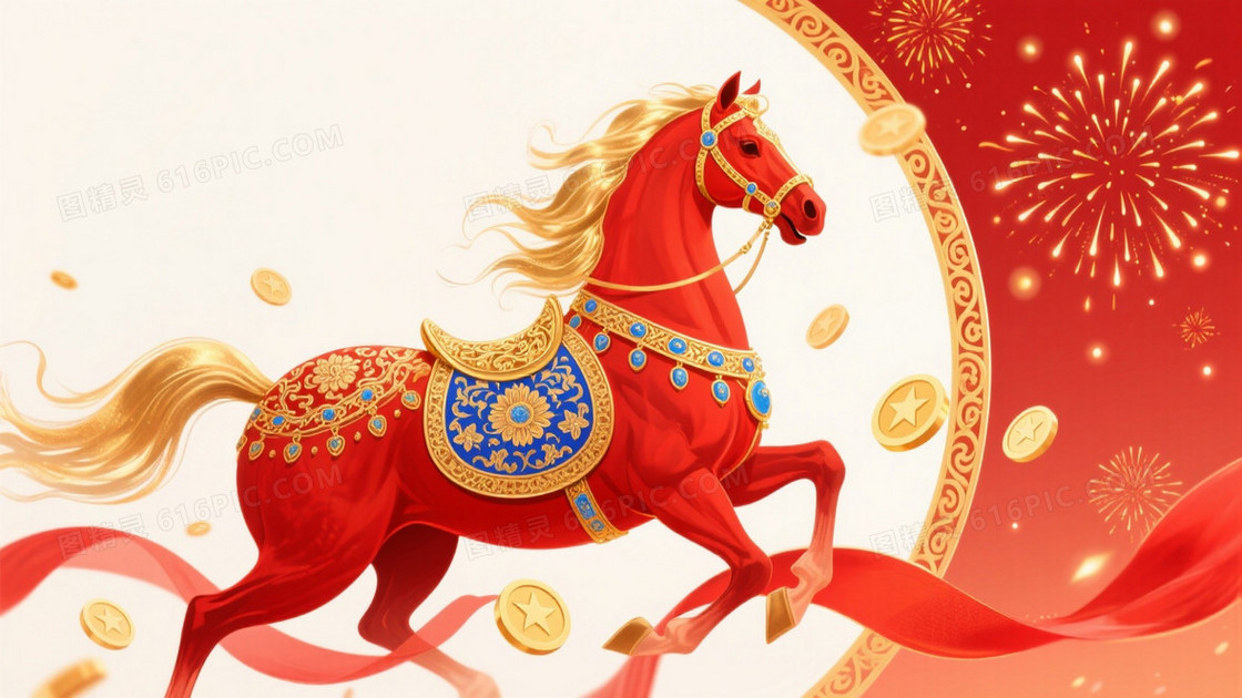 红金渐变神骏祥云纹样背景