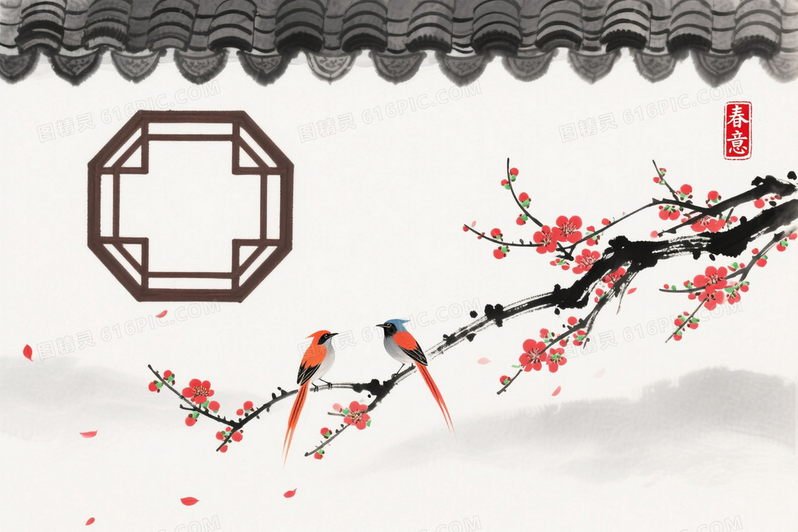 浅灰水墨红梅屋檐背景