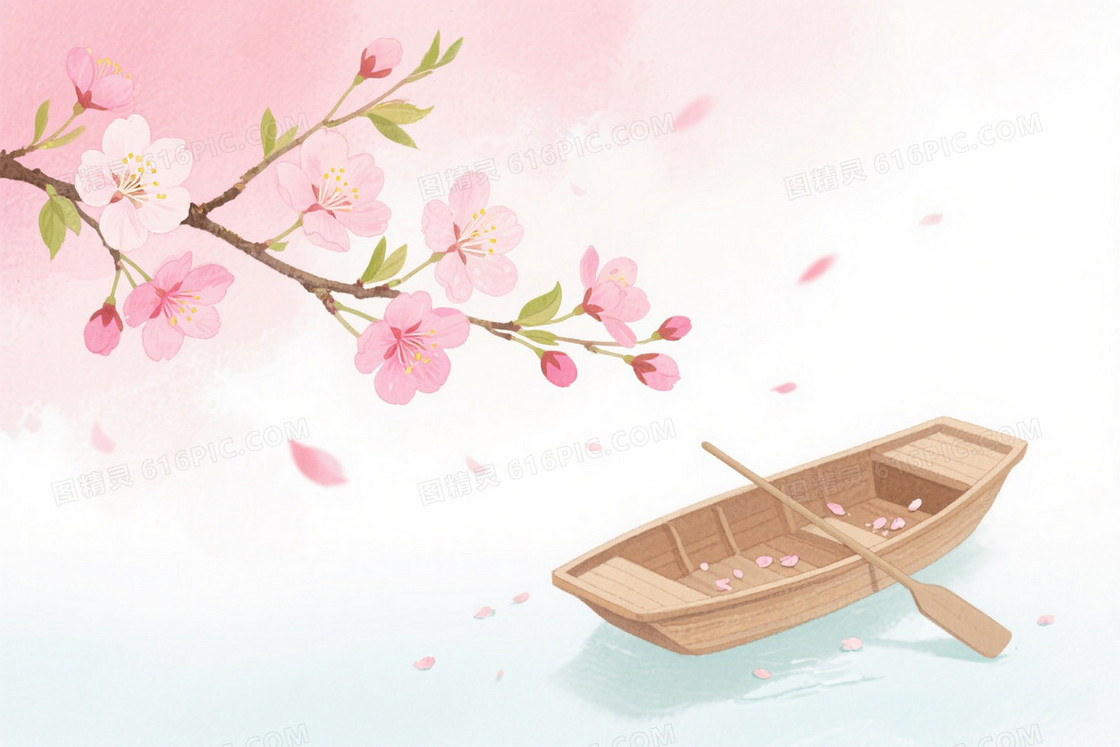 柔粉水彩樱花木舟背景