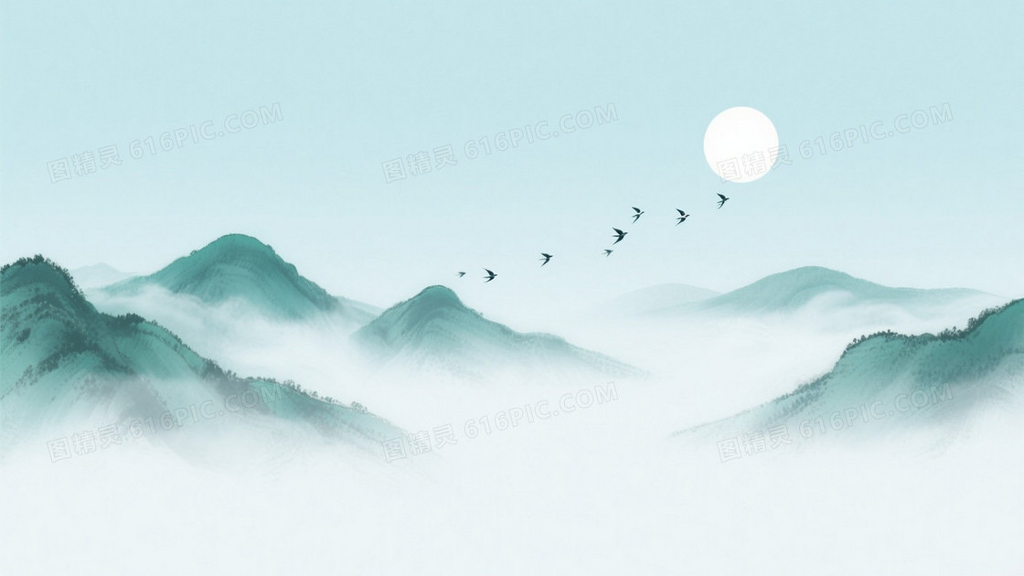 青绿浅灰蓝水墨山水背景