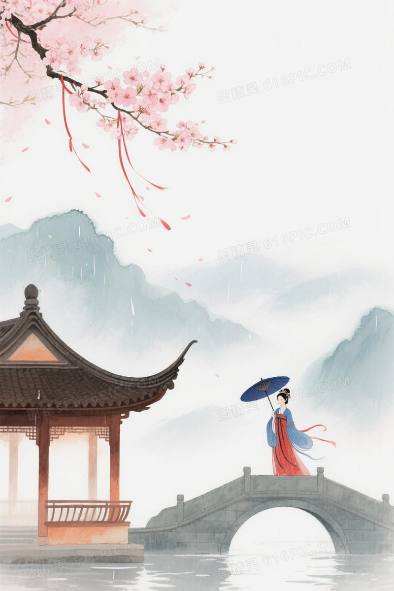 淡青灰水墨樱花亭阁背景