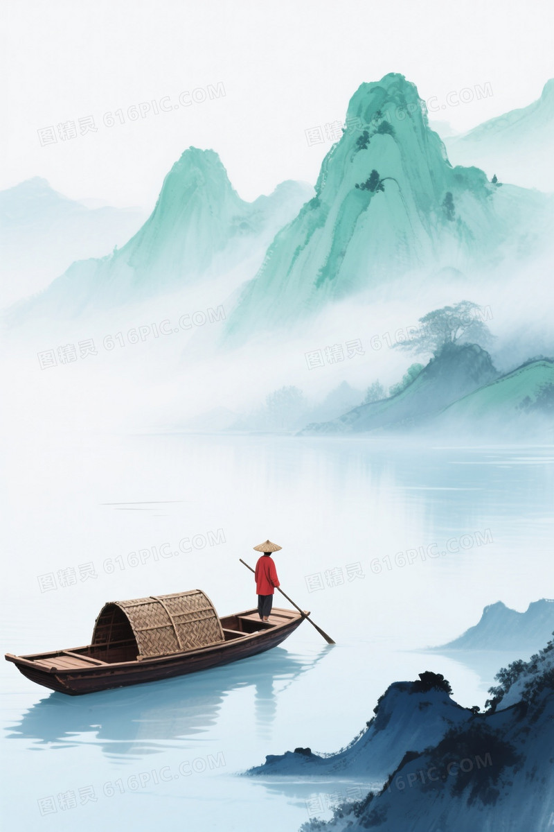 淡青蓝水墨山水小舟背景