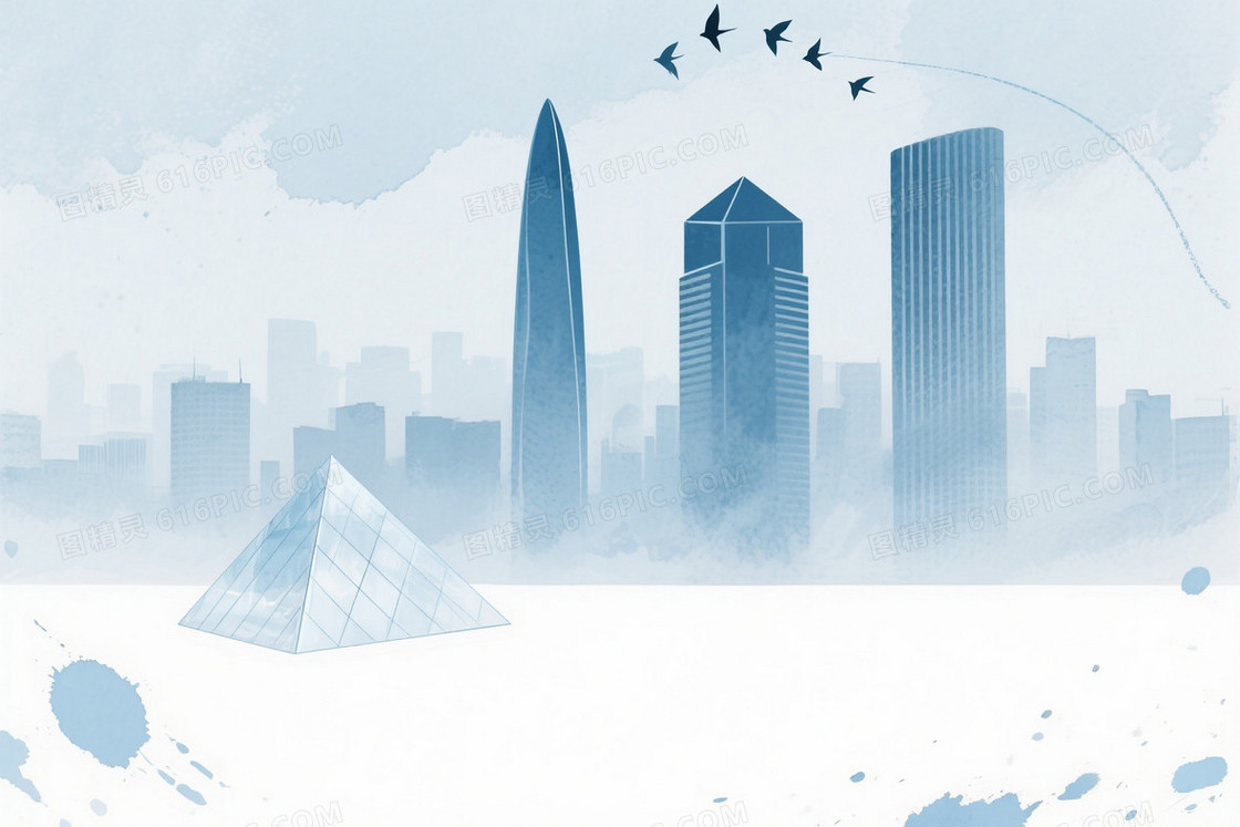 淡蓝灰白水彩都市天际线背景