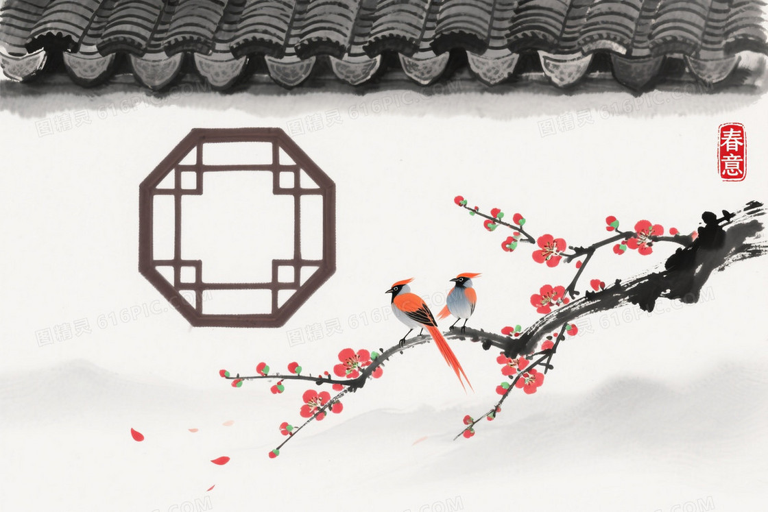 浅灰水墨红梅屋檐背景