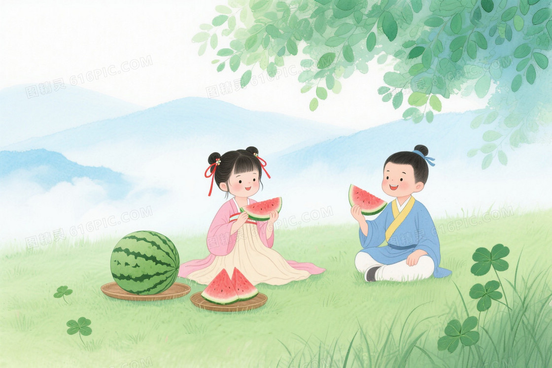 浅青蓝水彩田园古风童趣背景