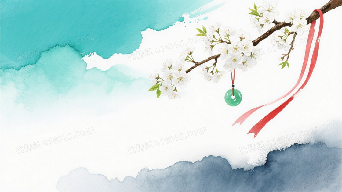 蓝绿晕染樱花玉佩背景