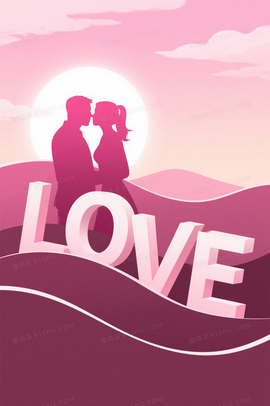 柔粉浪漫情侣剪影落日背景