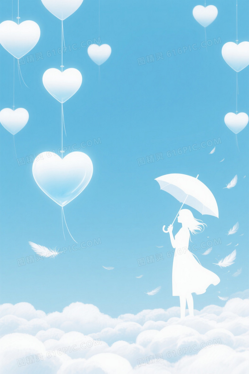 淡蓝渐变心形云朵插画背景
