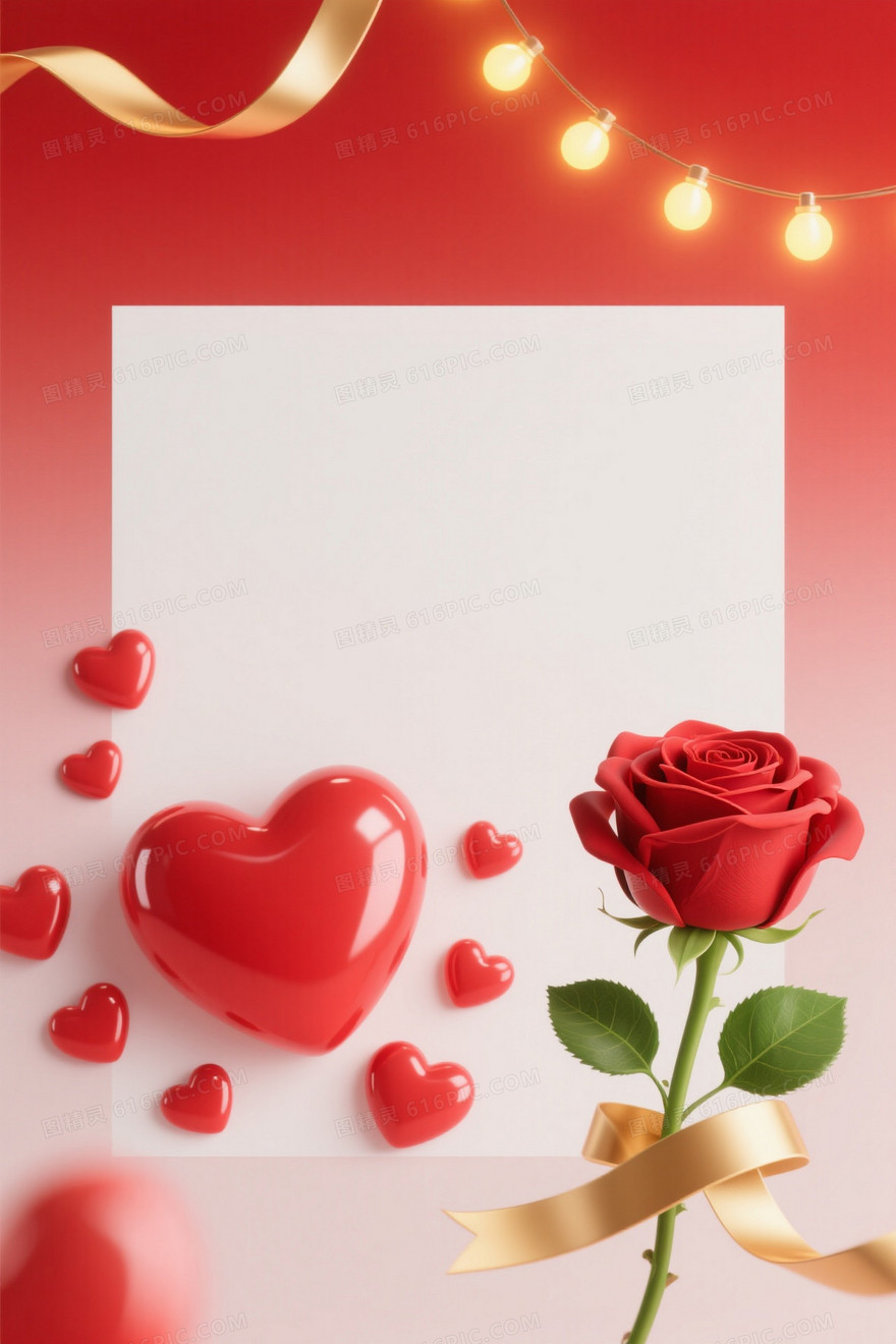 红渐变暖黄串灯金丝带心形玫瑰背景