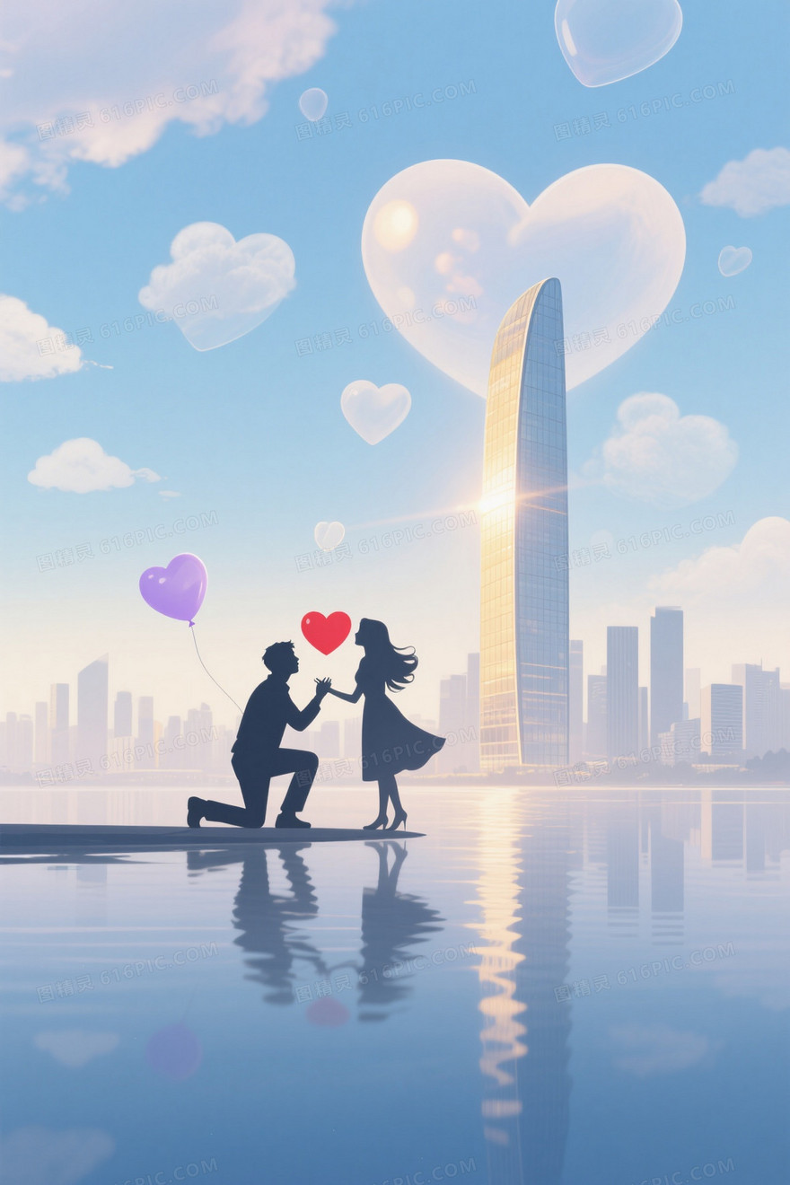 浅蓝渐变心形云朵城市背景