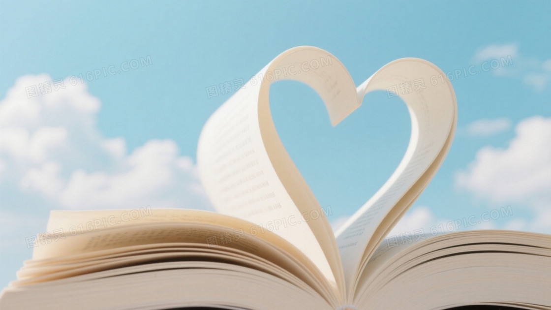 浅蓝天空白云心形书页背景