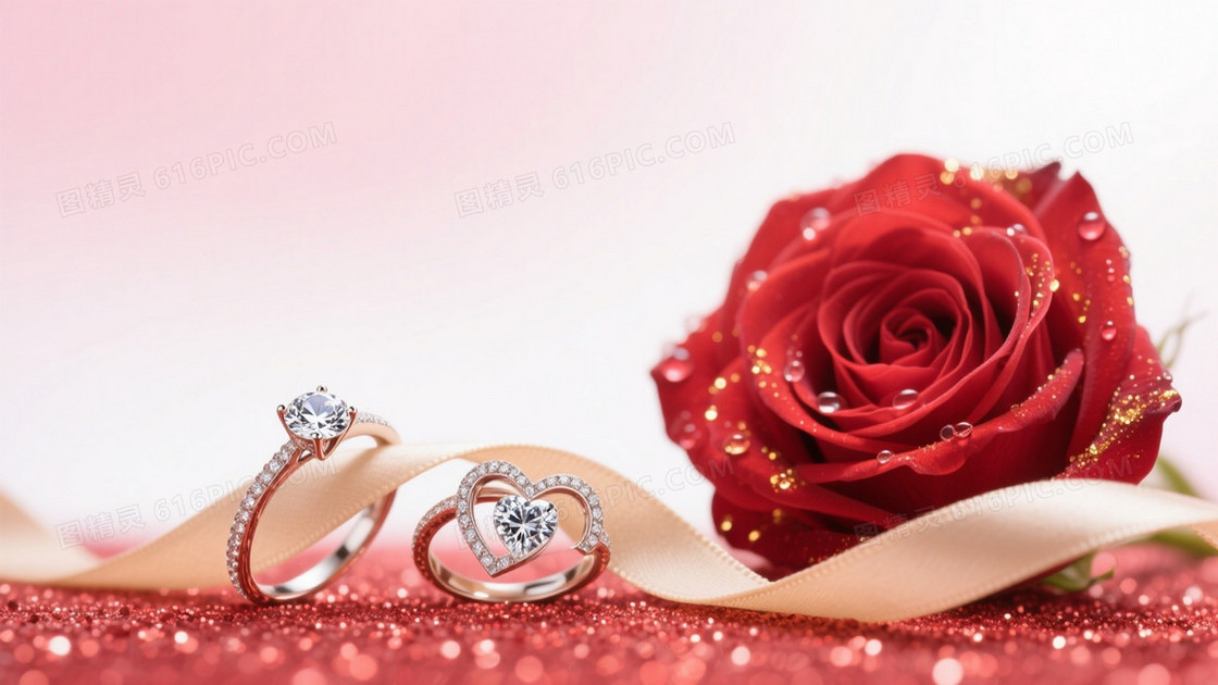 粉白渐变闪粉玫瑰钻戒背景