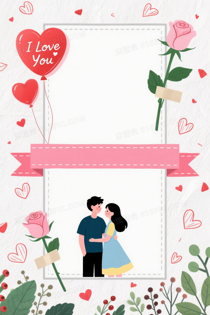 粉红手绘心形玫瑰背景