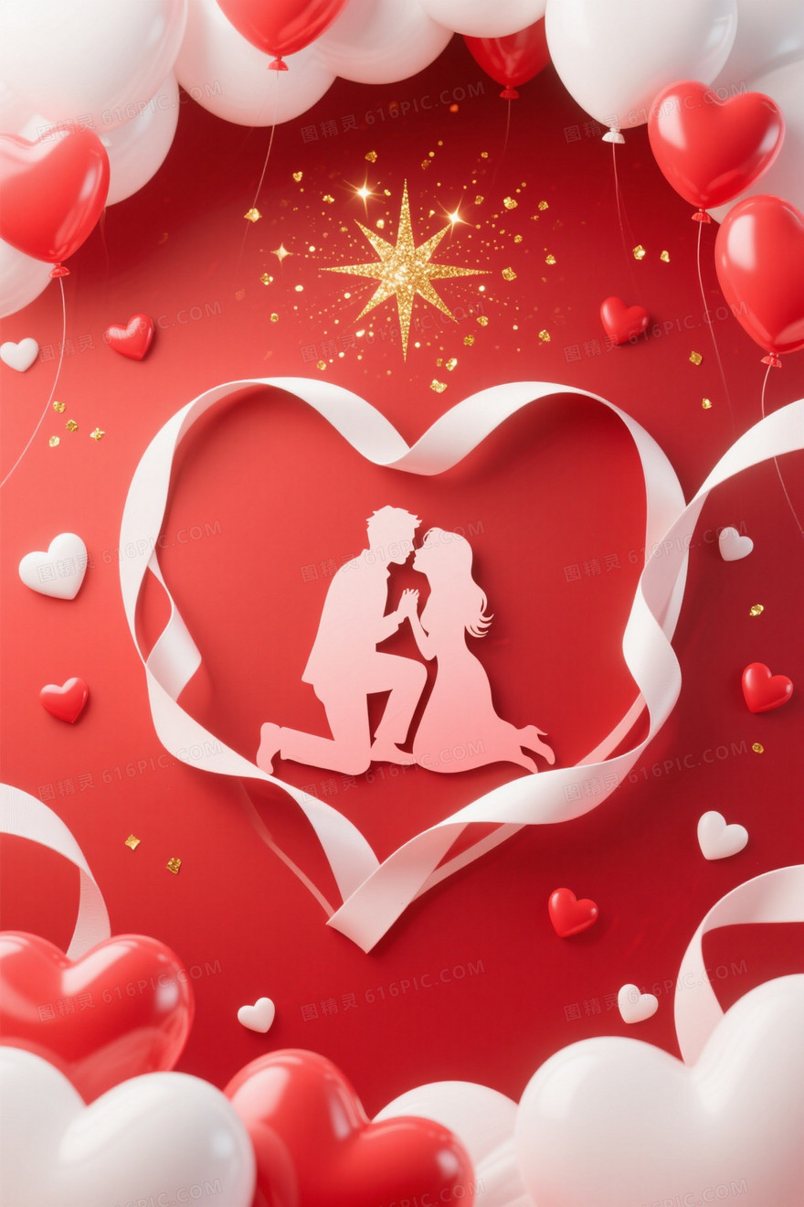 红渐变心形气球星芒背景