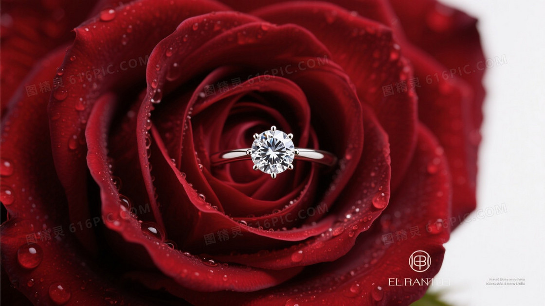 深红玫瑰镶钻戒指背景