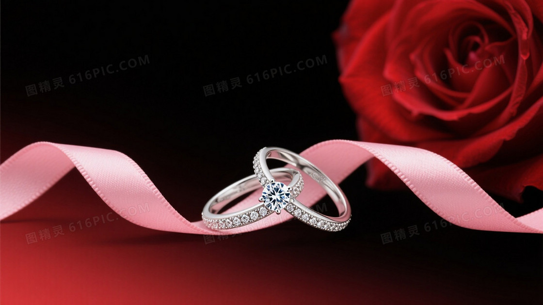 深黑炽红渐变玫瑰钻戒背景