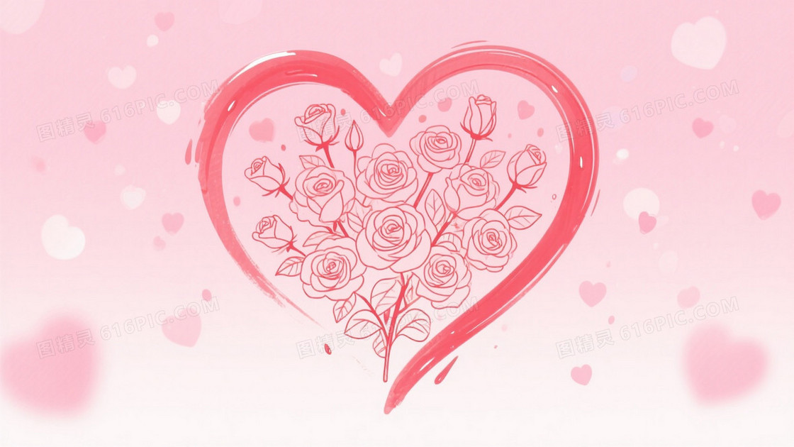 柔粉渐变红墨心形玫瑰背景